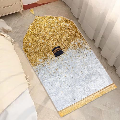 Muslim Prayer Mat Islamic Prayer Rug Padded Portable Praying Mat with Tassel Thick Praying Carpet for Ramadan - color: Gold