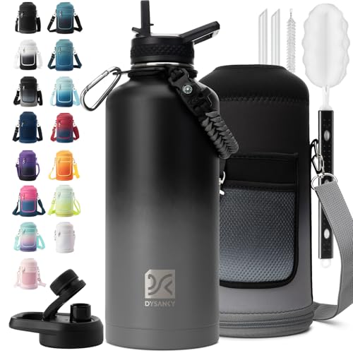 DYSANKY Insulated Water Bottle | Thickened Stainless Steel for Gym and Hiking with Straw, Carrier Bag, Handle Strap | BPA-Free 87 oz - color: Black/Gray, size: 87 Ounces