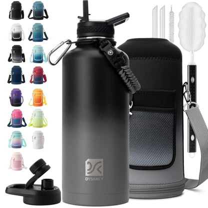 DYSANKY Insulated Water Bottle | Thickened Stainless Steel for Gym and Hiking with Straw, Carrier Bag, Handle Strap | BPA-Free 87 oz - color: Black/Gray, size: 87 Ounces