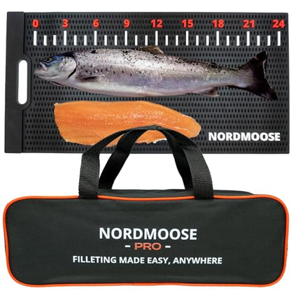 Nordmoose Fish Fillet Mat with Storage Bag and Fish Ruler Decal. Large 28""x14"" Nonslip Fish Cleaning Mat that Grips the Fish - Durable & Easy to Clean, Portable Fish Cutting Board, Black