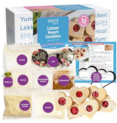 BāKIT Box Linzer Heart Cookies Baking and Activity Kit, Kids Heart Cookie Decorating Kit, International Snack Box of Cultural Learning and Fun Activities, Great for Kids Gifts - color: Linzer Heart Cookies