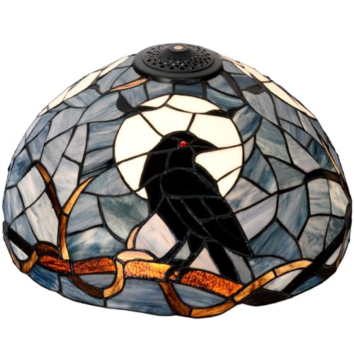 Bieye S10954 Raven Sitting on Bare Tree Tranch Against Full Moon Tiffany Style Stained Glass Lampshade (Dark Blue, 16Wx9H) - size: 16Wx9H