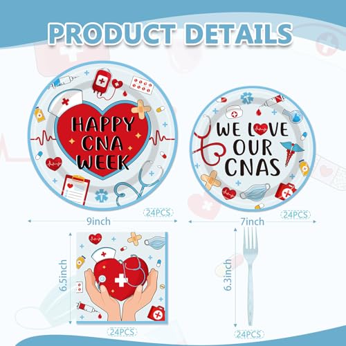 EUOYUFO 해피 CNA 위크 종이 접시 냅킨 포크 CNA 위크 파티 식기 96개, 국가 간병인의 날 감사, We Love Our CNAS 테마 용품, 24명의 손님에게 제공 - color: 해피 CNA 위크