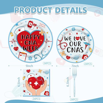 EUOYUFO 해피 CNA 위크 종이 접시 냅킨 포크 CNA 위크 파티 식기 96개, 국가 간병인의 날 감사, We Love Our CNAS 테마 용품, 24명의 손님에게 제공 - color: 해피 CNA 위크