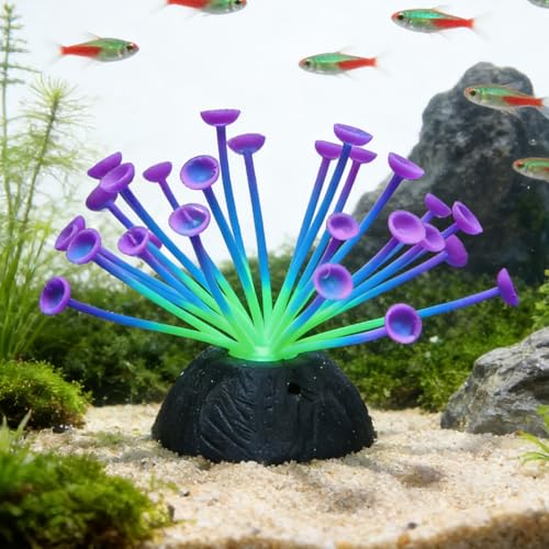 Suction Cup Anemone Aquarium Decor with Silicone Tentacles, Realistic Coral Reef Ornament for Saltwater and Freshwater Fish Tanks, Flexible Habitat for Shrimp, Invertebrates & Aquascaping (Purple) - color: Purple