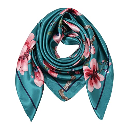 RIIQIICHY Head Scarf for Women Like Silk Satin Scarf for Hair Wrapping at Night Bandana Square Scarf for Sleeping 35 Inch - color: Darkcyan/Peach/Green/Dark Brown/ Navy