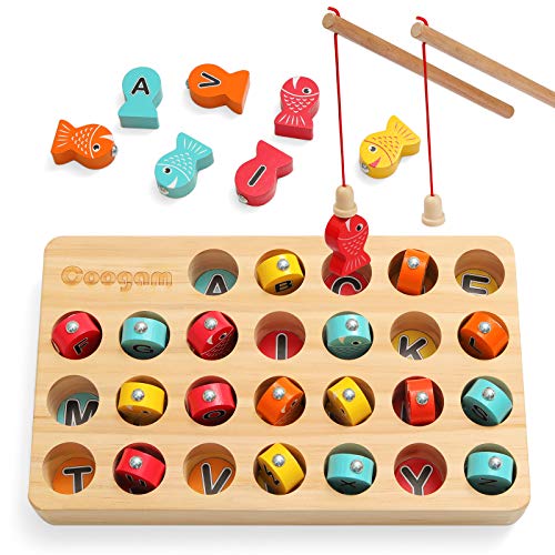 Coogam Wooden Magnetic Fishing Game, Fine Motor Skill Toy ABC Alphabet Color Sorting Puzzle, Montessori Letters Cognition Preschool Gift for 3 4 5 Years Old Kid Early Learning with 2 Pole
