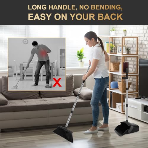 Upgraded Broom and Dustpan Set, 55" Long Handle Black Large Broom with Dustpan Combo Set，Self Cleaning Dustpan for Lobby Kitchen Office Restaurant - color: Black, size: Large