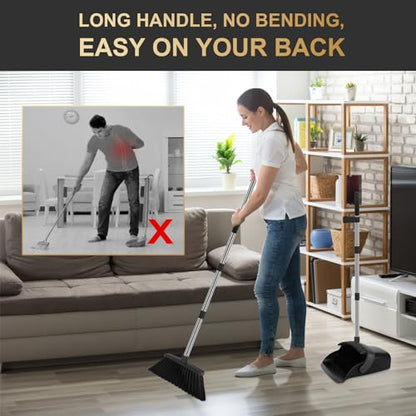 Upgraded Broom and Dustpan Set, 55" Long Handle Black Large Broom with Dustpan Combo Set，Self Cleaning Dustpan for Lobby Kitchen Office Restaurant - color: Black, size: Large