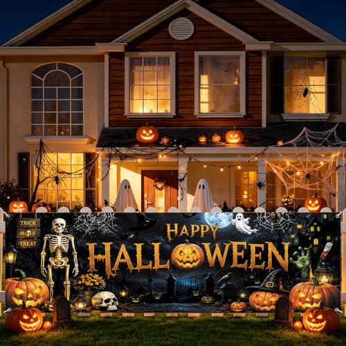 Halloween Fence Banner 118 x 35 Inch, Large Outdoor Happy Halloween Banner with Skeleton, Pumpkins, Ghost, Witch Hat, Bats, Haunted House & Graveyard Decor for Yard Porch Fence - color: 278-1