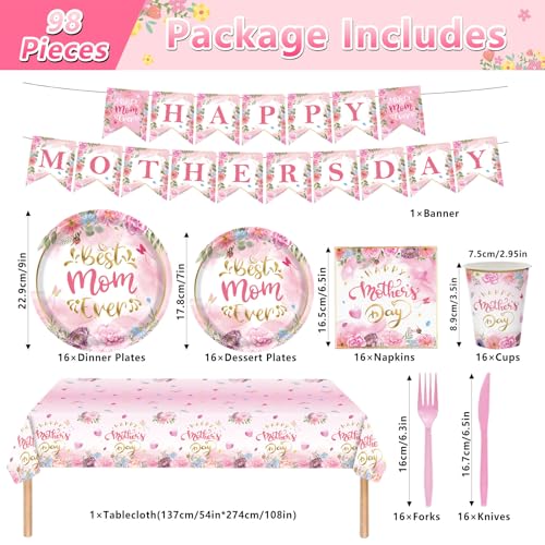 98PCS Happy Mother's Day Party Supplies Mothers Day Tableware Set Best Mom Ever Paper Plates Napkins Forks Knives Tablecloth Banner Mothers Day Party Decorations Disposable Dinnerware for 16 Guests - style: Happy Mother's Day