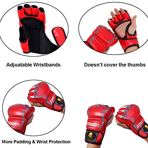 ZooBoo MMA Gloves, Half-Finger Boxing Fight Gloves MMA Mitts with Adjustable Wrist Band UFC Gloves for Sanda Sparring Punching Bag Training (One Size Fits Most) - color: HS-Red