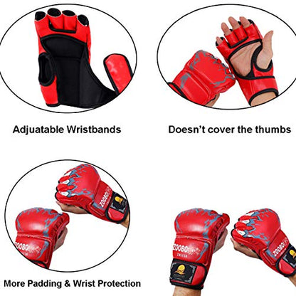 ZooBoo MMA Gloves, Half-Finger Boxing Fight Gloves MMA Mitts with Adjustable Wrist Band UFC Gloves for Sanda Sparring Punching Bag Training (One Size Fits Most) - color: HS-Red