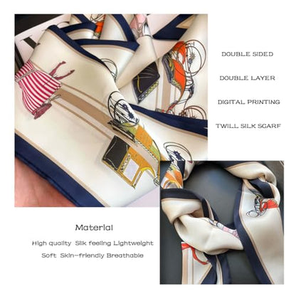 Silk Feeling Head Scarf Fashion Satin Hair Scarf Square Long Scarves for Women Gifts - color: 02 White Horse/5.12 X 59 Inch