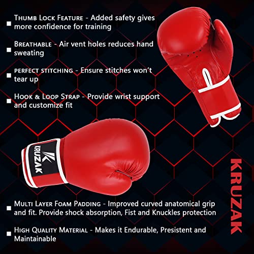 Kruzak Plain Boxing Gloves for Sparring, Kickboxing, Muay Thai, Martial Arts & MMA Fighting - Men & Women Punch Bag Mitts Training and Focus Pads Punching - color: Red, size: 12 oz