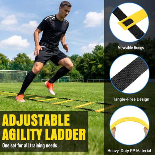 Agility Ladder, Soccer Football Training Equipment Set - 20ft Speed Ladder, 4 Hurdles,Parachute, 12 Cones & Jump Rope | Agility & Speed Training for Kids Youth Adults,Basketball & Football Accessories - color: Yellow