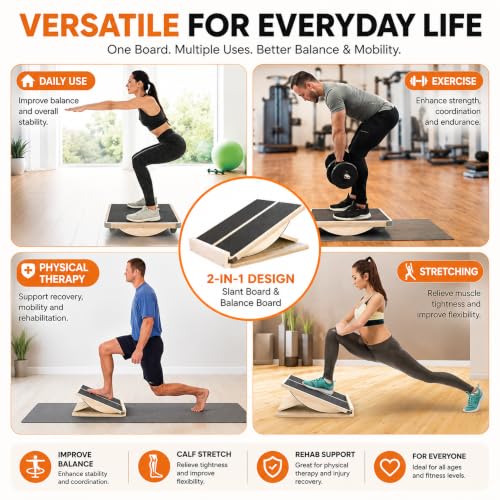 MUCITAGF Professional 2-in-1 Wooden Balance Board & Slant Board, 3 Angle | Adjustable Incline Board and Calf Stretcher, Stretch Board for Knees Ankle Heel Feet Leg, Anti-Slip, 450 lbs Capacity