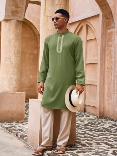 Yousify Mens Kaftan Thobe Casual Henley Shirts - color: Army Green, size: XX-Large
