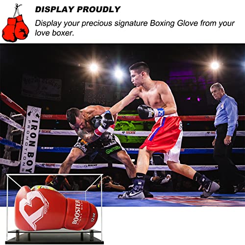 Boxing Glove Display Case,Self-Assembly Acrylic Display case for Full Size Boxing Glove,Baseball Glove Display Case Holder Showcase.Baseball Mitt Ball Football,Clear Case Black Base Riser Stand - size: 13x8.7x8.7 inch