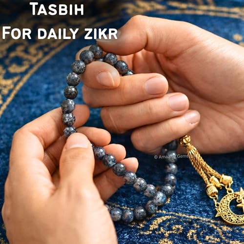 Amazing Gemstone Crystal Tasbeeh with Moon and Star Charm - Certified Crystal Muslim Prayer Beads Natural Gemstone Tasbih Gift for Ramadan Dhikr and Daily Namaz (G) - color: Larvikite
