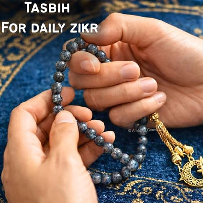 Amazing Gemstone Crystal Tasbeeh with Moon and Star Charm - Certified Crystal Muslim Prayer Beads Natural Gemstone Tasbih Gift for Ramadan Dhikr and Daily Namaz (G) - color: Larvikite