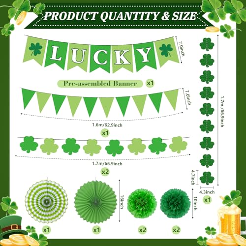 St. Patrick's Day Decorations Kit Shamrock Garlands Hanging Swirls Lucky Banner for Saint Patrick's Day Party Decor, Green Paper Fans Pom Poms Irish Decor for Home Saint Patrick Party Supplies - style: St. Patrick's Day