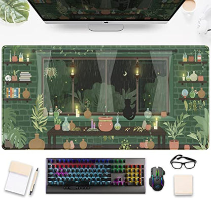 Cute Rainy Night Desk Mat Green Plants Desk Pad, Anime Black Cat Kawaii Large Gaming Mouse Pad, Moonlight Fireflies Deskmat Aesthetic Mousepad XXL, Laptop Keyboard Pad for Women Desk 31.5"x15.75" - color: Dark Green Leaves