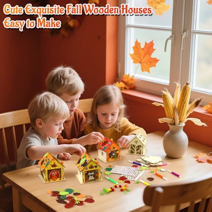 12 Thanksgiving Fall Crafts Wooden House for Boy, Girl & Adult, Fall Activities Kit DIY with Paint Pen Pumpkin Turkey Owl, Thanksgiving Arts and Crafts for Classroom Party Favors & Gift Supplies Bulk - style: Fall Thanksgiving