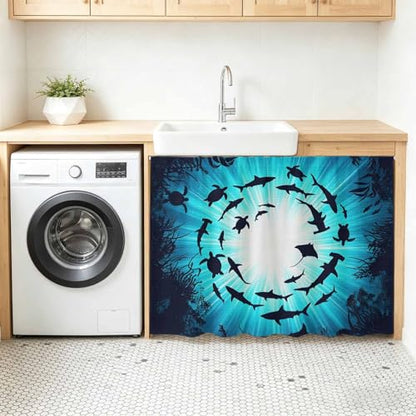 BEMIGO Blue Coastal Cabinet Curtain 28" Wx35 L, Dustproof Under Sink Skirt with Self Adhesive Tape, Nautical Fish Turtle Coral Cabinet Curtain Cover for Bathroom Vanity, Kitchen Sink, Laundry Room - size: 28"W x 35"L (Pack of 1)