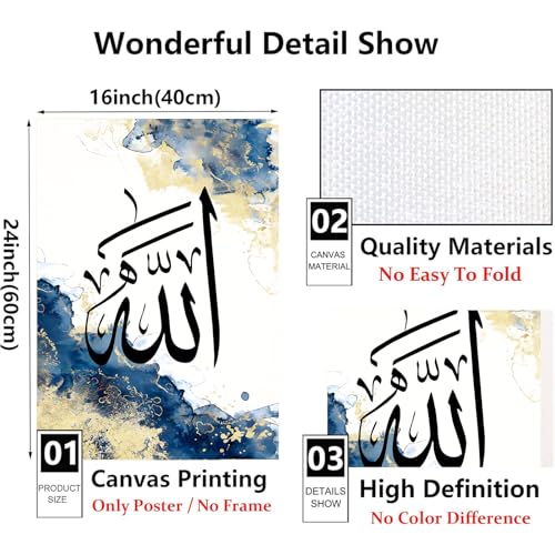 Blue Islamic Canvas Wall Art Muslim Motivational Quotes Gold Abstract Painting Modern Art Poster White Abstract 16x24inx3 No Frame