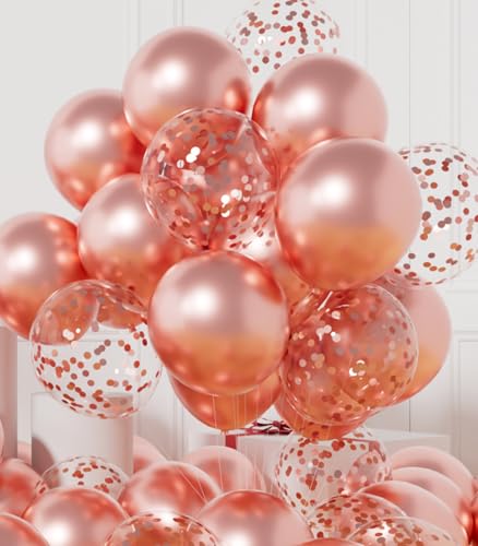 AULE Party Balloons Pack of 42 - Metallic Chrome Rose Gold Balloons and Rose Gold Confetti Latex Helium Balloons With 64ft Ribbons - 12 Inch Balloon Decoration Kit - color: Rose Gold