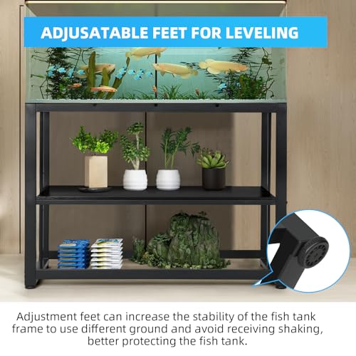 VOWNER 55-75 Gallon Fish Tank Stand, Metal Aquarium Stand, Black | 48.4" x 14.9" x 29.5" Heavy Duty Reptile Tank Stand, Adjustable 2-Tier Fish Tank Rack Shelf for Home Office, Stand Only - color: Black