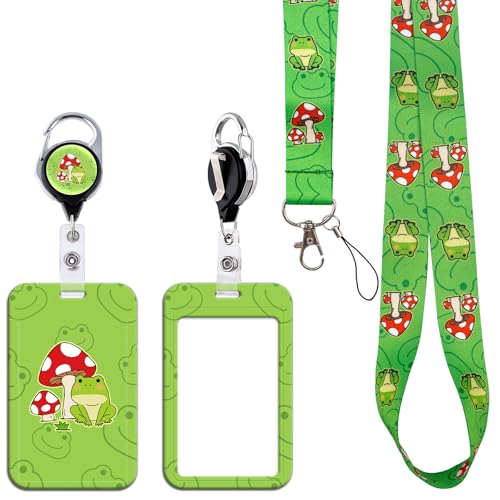 Frog and Mushroom Lanyards for Id Badges, Retractable Reel Clip and ID Badge Card Holders with Neck Lanyard, Cute Lanyard of Frog for Kids Boy Women School - style: Frog
