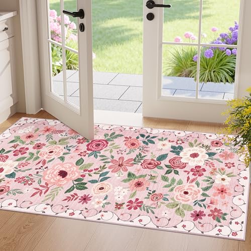 DUKINO 2x4 Entryway Rug, Floral Washable Kitchen Rugs Non Slip, Pink - color: Pink, size: 2' x 4' (Rectangular)