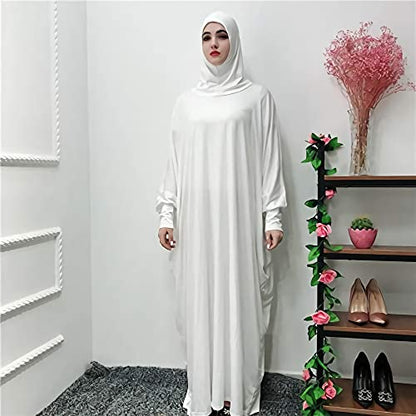 FPOVFPO Womens Solid One-Piece Prayer Dress Muslim Abaya Islamic Maxi Breathable Ramadan Dress Kaftan Hijab - color: White