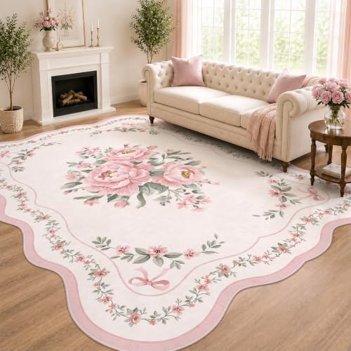 Scalloped Pink Floral Rug for Living Room, 8x10 Washable Non-Slip Area Rug for Bedroom Girls, Large Soft Low Pile Carpet for Nursery, Playroom, Dorm or Kids Room - color: Pink, size: 8' x 10' (Rectangular)