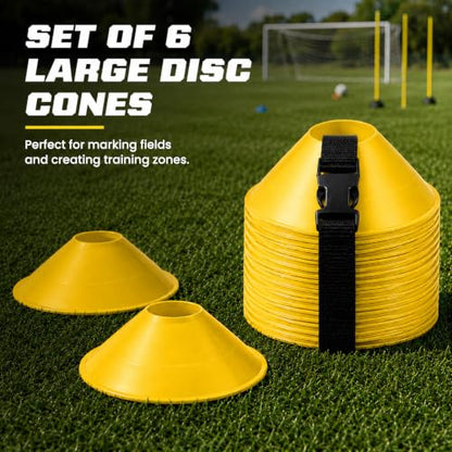 American Challenge Large Disc Cones – Set of 6 Agility Cones for Sports Training – Compact Soccer Cones with Carry Strap for Drills & Practice - color: Yellow