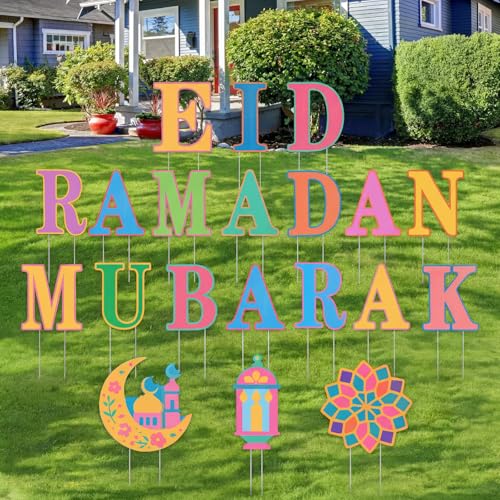20 Pcs Ramadan Mubarak Yard Signs 17 Letters 3 Patterns with Stakes Outdoor Eid Islamic Festival Celebration Party Decorations for Home Cheerful Ramadan (Novel Style,Multicolor)