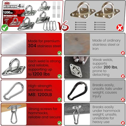 sprookber 304 Stainless Steel Pad Eye Snap Hooks, M8 Heavy Duty Ceiling Hook, 1200 lb Capacity Hammock Swing Hanging kit, Plant Hangers, Marine Hardware Staple Hook Loop with Screws, Set of 8 | Hanging Kit with Screws for Hammock Chair Swing, Yoga Gym Equ