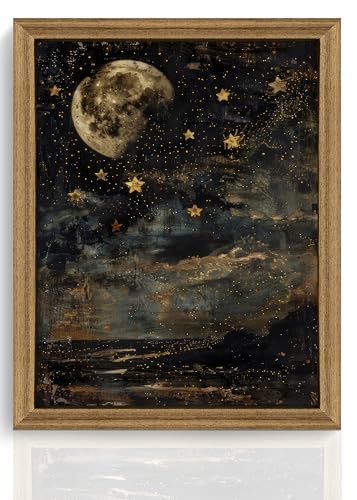 ICHZUMW Framed Moon and Stars Celestial Vintage Canvas Wall Art 8x10 In - color: Moonlit Stars, size: 10"L x 8"W