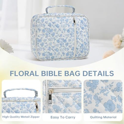 Bible Cover Case for Women Large Bible Cover with Durable Handle Quilted Bible Carrying Case for Girls Bible Study Supplies Accessories (Blue Flower, Blue Flower) - color: Blue Flower
