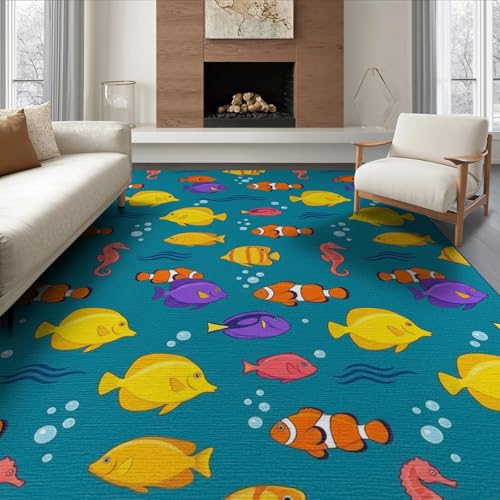 8'x10' Blue Contemporary Marine Fish Design Washable Area Rug | Playful Cartoon Ocean Creatures Non-Slip Chair-Friendly Mat for Dining Room, Large Office, Lounge - color: Blue/Pattern 15, size: 8' x 10' (Rectangular)