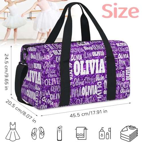 Personalized Sport Ballet Dance Bag, Bright Glitters Dark Purple | Customized Travel Duffel Tote with Name Overnight Weekender Perform Cheer Bag - color: Purple