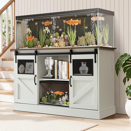 MAGIC UNION 55-75 Gallon Large Fish Tank Stand with Power Outlet, 1300LBS | Heavy Duty Aquarium Stand with Sliding Barn Doors, Turtle Reptile Terrarium Stand with Cabinet for Accessories Storage, White - color: White