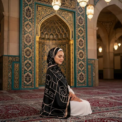 Hijab Modest and Elegant | Beautifully Designed Printed Chiffon Patterns | Muslim Women Head Scarf and Veil - color: Black - G