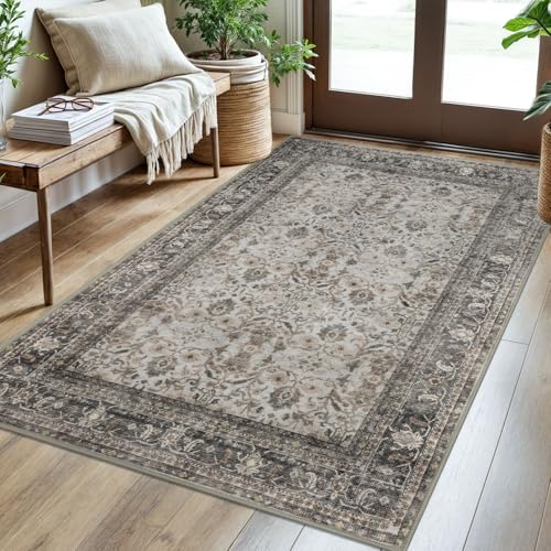 SIILOOM 3x5 Washable Area Rug for Entryway, Ivory Grey Soft Tribal Floral Rug with Slip-Resistant, Low-Pile Vintage Tribal Area Rugs for Entryway Bedroom, Dorm Carpet with Non-Shedding - color: Ivory/Grey, size: 3' x 5' (Rectangular)