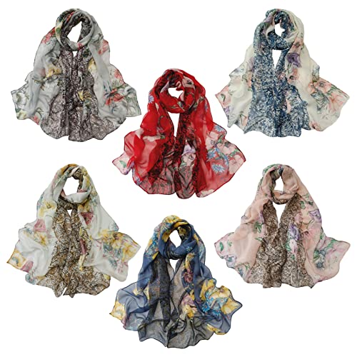 amokk 6 Packs Fashion Scarves for Women Lightweight Chiffon Scarfs for Women Summer Shawl Warp Floral Head Scarf - color: Color-4