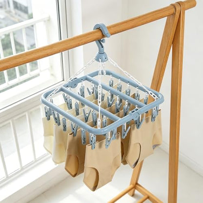 SteelFever Clothes Drying Hanger with 32 Clips, Foldable Hanging Drying Rack for Clothes Underwear Socks (Nordic Blue) - color: Nordic Blue