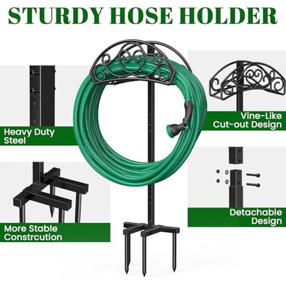 Sunvigor Garden Hose Holder, Heavy Duty Metal Hose Stand with 4 Spikes, Holds Up to 150FT Hose, No Drill Freestanding Hose Reel Alternative for Yard Lawn Outdoor - color: Black-vine Style
