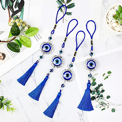 Hicarer 6 Pieces Lucky Evil Eye Charm Pendant Bulk Car Hanging Ornament Glass Blue Resin Evil Eye Beads Rear View Mirror Hanging Accessories with Tassel Protection Pedant Charms for Car Home Decors
